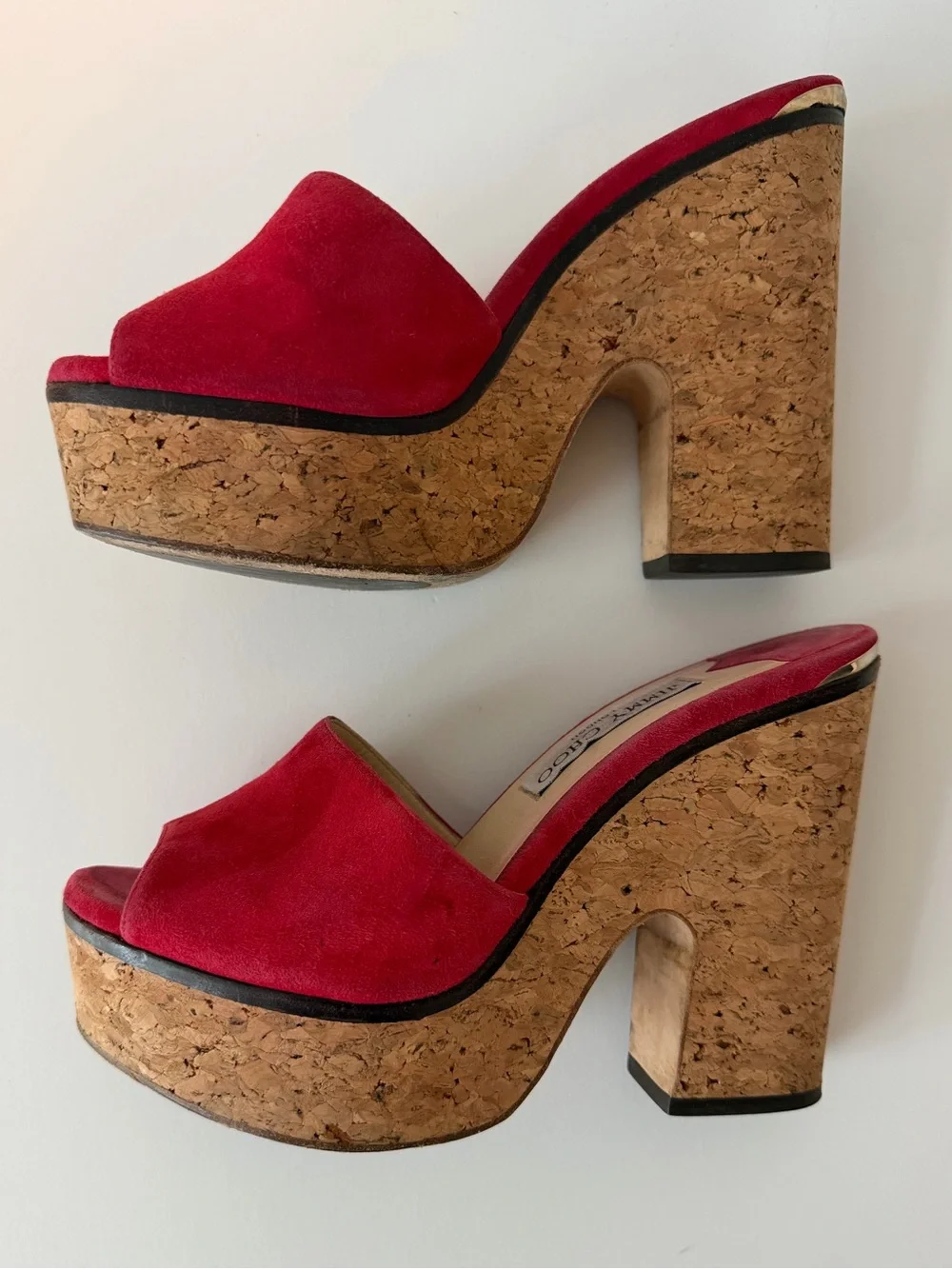 Jimmy Choo Deedee Red Suede Cork Platform Heels, Size 7.5